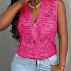 SHEIN Pink Knit Button-Up Vest